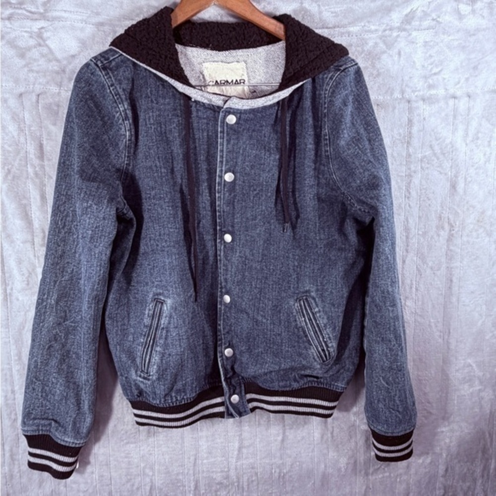 Vintage Carmar Denim Hooded Varsity Bomber Jacket Size M Y2k